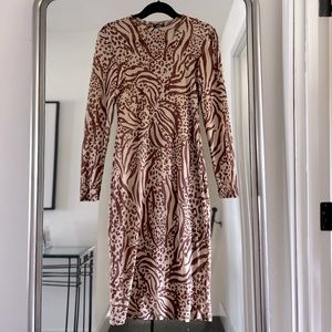 AFRM Brown Nude Tan Animal Print Loah Long Sleeve Mesh Sheer Midi Dress